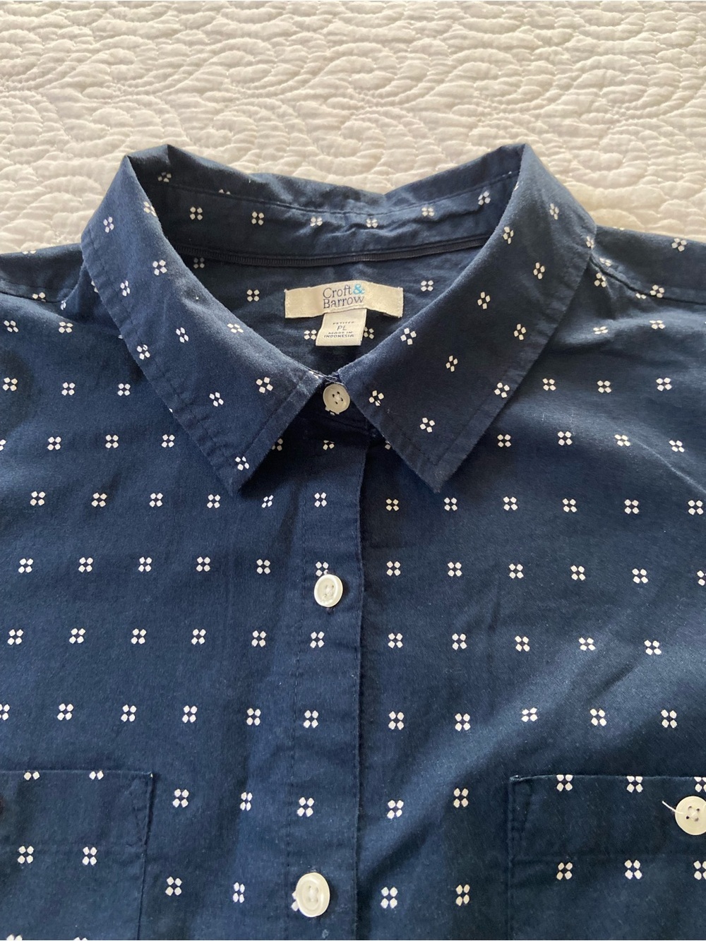 Croft & Barrow Navy 3/4 Sleeve Button-Down Shirt with White Dot Grid Size PL - Picture 6 of 13